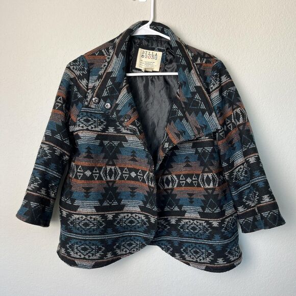 Billabong Jacket Womens Medium Black Aztec Southwest Wool Blend Lined Coat - Picture 1 of 6